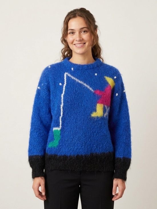 Vintage Sweaters - Vintage Handknit Blue Fishing Mohair Wool Sweater​ - Large 🇬🇧